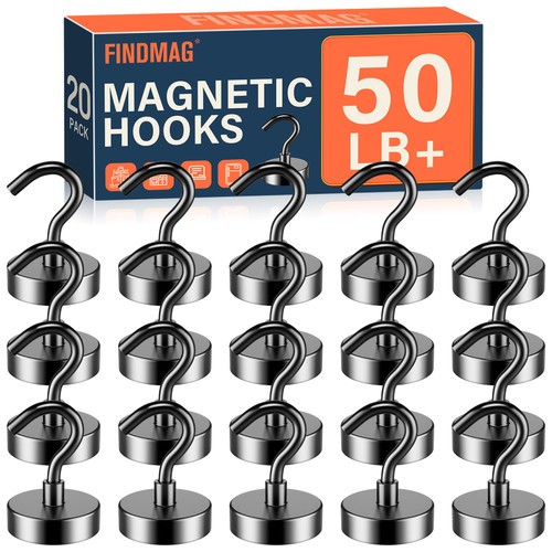 FINDMAG 20 Pack Magnetic Hooks, 50lbs Strong Magnetic Hooks Heavy Duty for Hanging, Magnets with Hooks for Cruise Cabin, Classroom, Office, Grill, Heavy Duty Magnetic Metal Hooks for Refrigerator