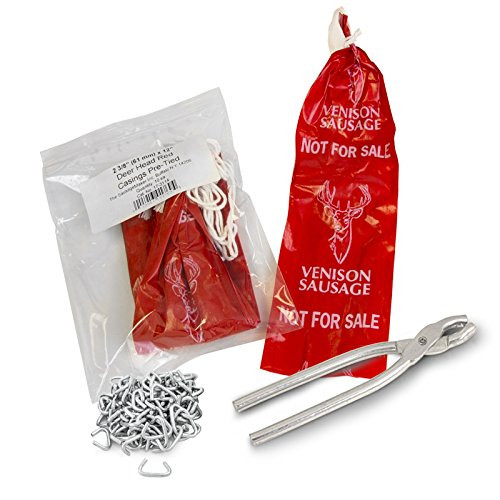 The Sausage Maker - Summer Sausage Casing Kit, Tied and Looped, 61mm (2.4”) Dia. x 12” Red Fibrous Deer Print Casings (20ct) with Sausage Pliers and Casing Rings