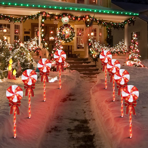 LAMPHOME 8PK 24" 192LED Lollipops Peppermint Pathway Markers with 11 Modes Christmas Lollipops Pathway Lights Decorations for Outdoor Yard(24" 192 LED 8 Pcs)