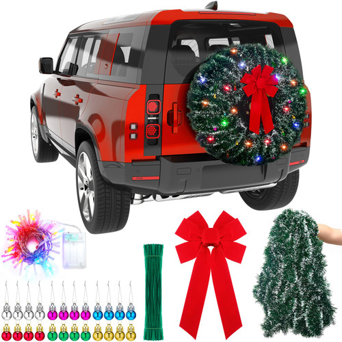 Wavwavw LED Christmas Car Spare Tire Decoration Make Your Own Truck Wreath 196.8 ft Tinsel Garland 24 Pcs Christmas Balls Ornaments Battery Operated Lights Outdoor Festive Accessory