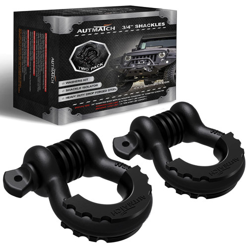 AUTMATCH D Ring Shackle 3/4" Shackles (2 Pack) 41,887Ibs Break Strength - Clevis Shackle with 7/8" Screw Pin and Shackle Isolator Washers Kit for Tow Strap Winch Off Road Vehicle Recovery, Matte Black