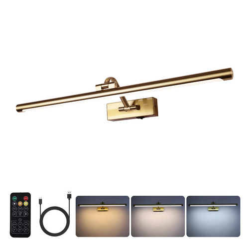 yumcrelect 5W LED Wireless Picture Lights with Remote and Timer 23.6 Inch Rechargeable Brass Gallery Lighting Battery Operated Art Lights Over Frame Portrait