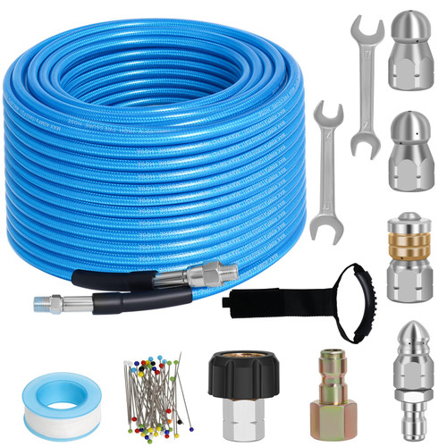 100 FT Sewer Jetter Kit for Pressure Washer, 5800PSI Water Jet Drain Cleaner Hose, 1/4 Inch NPT Corner with 4 Sewer Jetting Nozzles, Pearl Corsage Pin, Waterproof Tape, Handle Strap&2 Spanner (Blue)