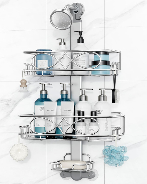 ODesign 2 Tier Stainless Steel Anodized Aluminum,Height-Adjustable Rustproof Shower Caddy Hanging Anti-Swing-Over The Shower Head Caddy-Bathroom Showe r Storage Organizer With Soap Box Holder- Sliver