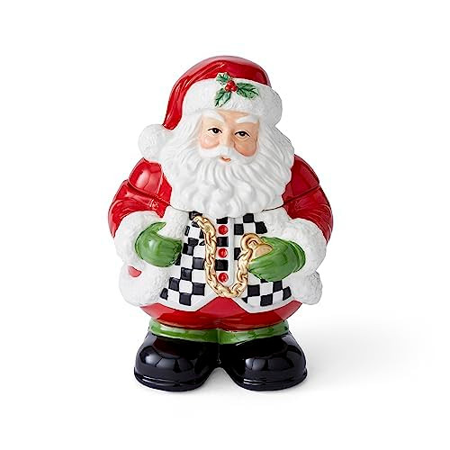 Spode Christmas Tree Black & White Santa Candy Jar - 8-Inch Ceramic Candy Storage Jar with Lid - Decorative Christmas Cookie Container for Holiday Kitchen Counter Displays, Treats, and Gifts