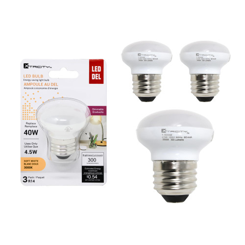 Xtricity R14 Dimmable LED Light Bulbs, E26 Base, 4.5W (40 Watt Equivalent), 3000k Soft White, 300 Lumens – Curio Cabinet Lighting, China Cabinet Lights - Mini Light Bulbs, RoHS Compliant (3 Pack)