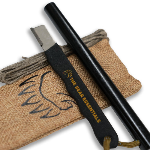 The Bear Essentials - 6" x 1/2" Large Ferro Rod & Tungsten Striker Fire Starter Survival Kit, Reflective Paracord, Waxed Hemp & Burlap Sack -20,000+ Strikes