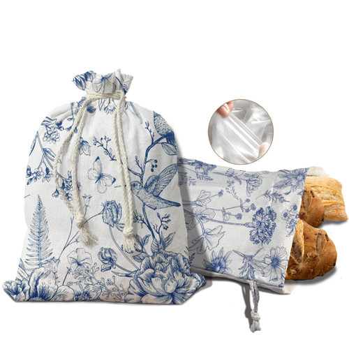 UTELKA Blue Linen Bread Bag for Sourdough Bread 2Pcs, Chinoiserie Reusable Beeswax Homemade Bread Bags for Baker Mom Women Kitchen Housewarming Gifts, Cloth String Storage Bread Box 16.5x12
