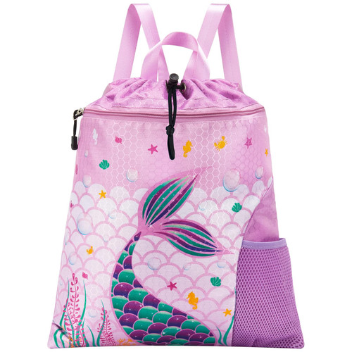 WAWSAM Mermaid Kids Drawstring Backpack String Bag, 15” × 17” Gym Bag Cinch Bag for Girls Kids Waterproof Swim Beach Bag, Back to School Birthday Gift with Zippered Pocket and Bottle Pocket