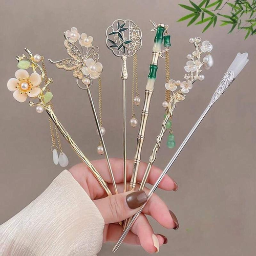 Chinese 6Pcs Floral Hair Pin Vintage Style with Beaded Tassel for Women'S Daily