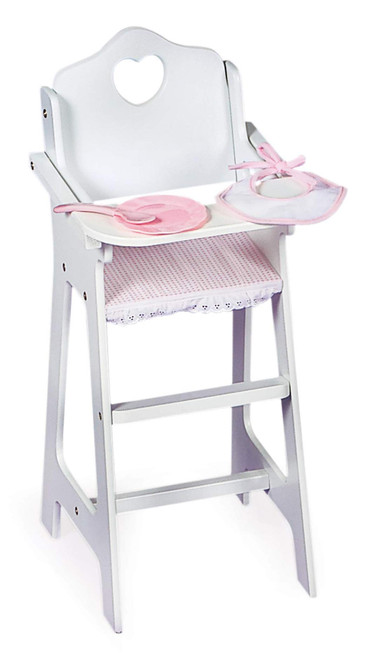 Badger Basket Wooden Baby Doll High Chair - Fits 18" Dolls - Includes Tray, Bib & Free Personalization Kit - Best for Toddler Girls for Pretend Play - White with Pink Gingham Seat
