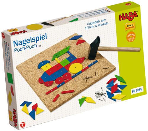 HABA Geo Shape Tack Zap Play Set - Make Geometric Designs with Corkboard, Hammer, Templates and 50 Wooden Tiles (Made in Germany)