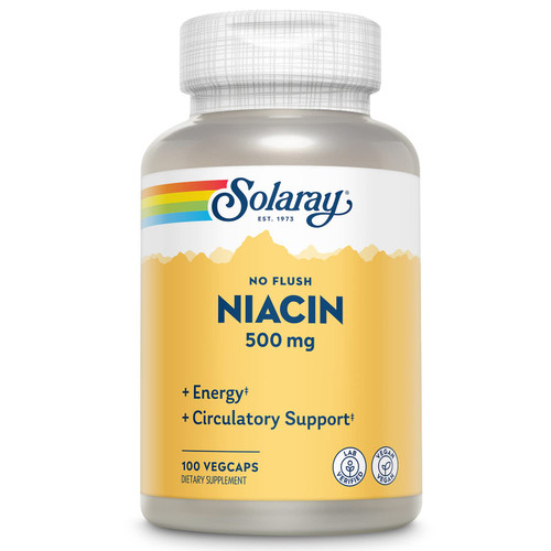 SOLARAY No Flush Niacin 500mg, Flush-Free Vitamin B3 Niacin, Energy and Circulatory System Support, Vegan, Lab Verified, 60-Day Money-Back Guarantee, 100 Servings, 100 VegCaps