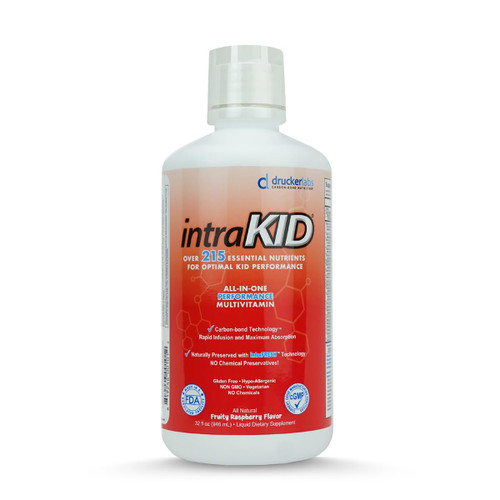 intraKID Drucker Labs Organic Liquid Multivitamin for Kids, Immune Support, Non GMO, Dairy Free, Gluten Free, Magnesium, Vitamin A,C,E, Zinc, (32 oz., Fruity Raspberry)