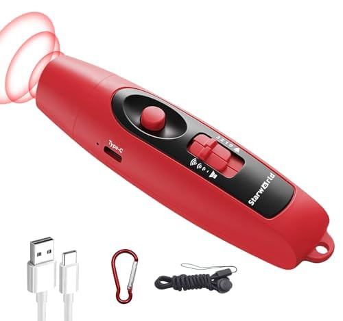 StarWorld Rechargeable Bear Horn - 120dB Electronic Air Horn for Bears with 4 Volume Levels & 3 Tones, Audible 0.5 Miles, LED Safety Light for Hiking, Camping, Wildlife Defense (red)