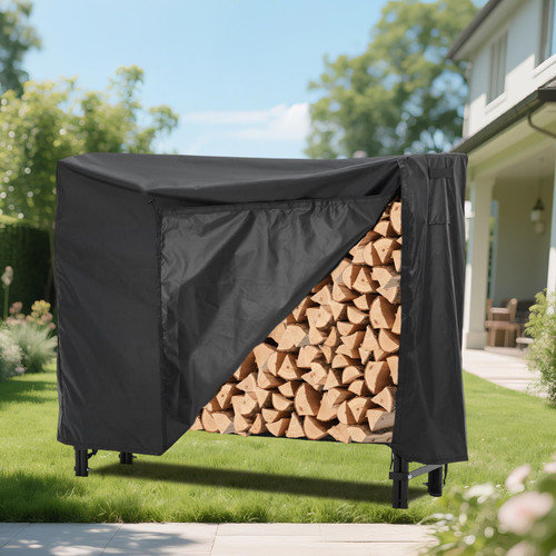 Premium 4Ft Firewood Rack Cover Set Heavy Duty Steel Log Holder for Outdoor/Indoor Use, Waterproof Storage for Patio, Fireplace & Backyard, Ventilated Design, Easy Assembly, Black
