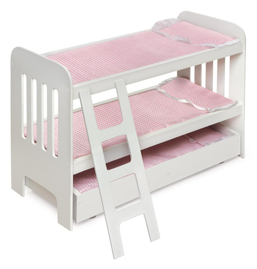 Badger Basket Doll Bunk Bed with Bedding, Ladder, and Free Personalized Kit - Fits Dolls Up to 22 Inches - Ideal for Girl Dolls and Baby for Pretend Play - White/Pink