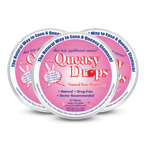 Three Lollies Queasy Drops - Sour Raspberry Flavor - Travel Sickness & Nausea Relief, Soothes Stomach & Dry Mouth, Natural Ingredients - 21ct (3-Pack)