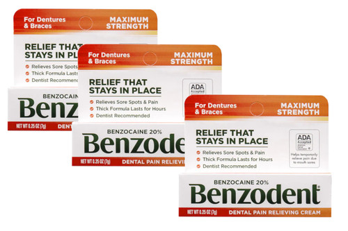 Benzodent Dental Pain Relieving Cream for Dentures and Braces, 0.25 oz tube (Pack of 3)