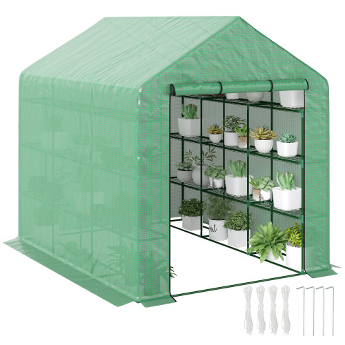 Outsunny 8' x 6' x 7' Walk-in Greenhouse, PE Cover, 4-Tier Shelves, Steel Frame Hot House, Roll-Up Zipper Door for Flowers, Vegetables, Saplings, Tropical Plants, Green