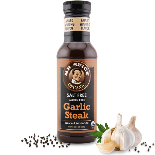 Mr. Spice Organic Garlic Steak Sauce, Salt Free Steak Sauce and Marinade, Gluten Free, Low Sodium Sauces and Marinades, Grill & Air Fryer, No Salt Award-Winning Flavor, 13.5 Ounce (Pack of 1)