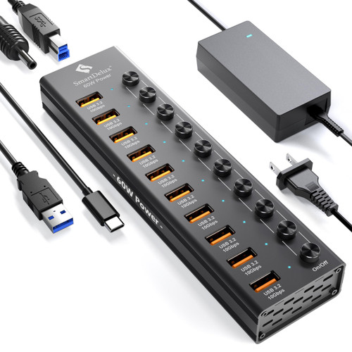 Powered USB 3.2 to Type-A, Type-C Hub, SmartDelux 10Gbps 10 Port Adapter, Individual LED Switches end High-Speed Data Transfer, Power Adapter 60W, USB Extension for Laptop, Flash Drive, PC and More Powered USB 3.2 to Type-A, Type-C Hub, SmartDelux 10Gbps 10 Port Adapter, Individual LED Switches end High-Speed Data Transfer, Power Adapter 60W, USB Extension for Laptop, Flash Drive, PC and More