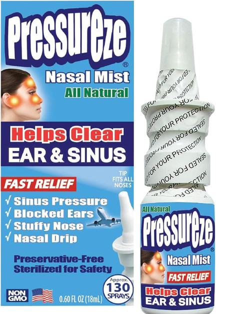 Pressureze Nasal Spray - All Natural Preservative-Free Sterile - Fast Relief Nasal Spray - for Sinus Allergies Congestion Blocked Ears Loud Snoring | 130 Sprays, 18 ml