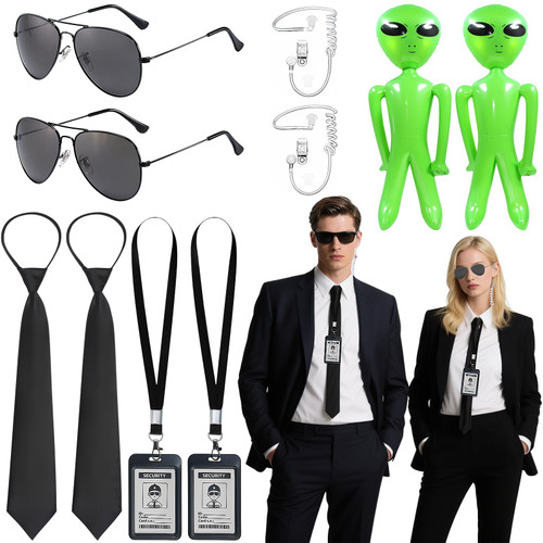 10Pcs Agent Costume Accessories Set, Secret Agent Dress Up Kit with ID Holders Black Ties Sunglasses Earpieces Inflatable Green Aliens for Women Men Halloween Cosplay Carnival Fancy Dress Party Props