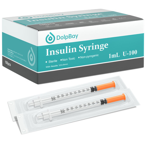 DolpBay Insulin Syringe with Needle, 32G 1cc 5/16-Inch (8mm), Box of 100