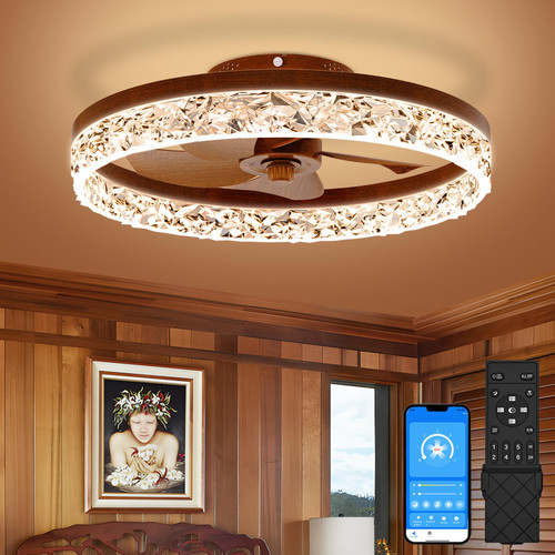 VOLISUN Farmhouse Ceiling Fans with Lights and Remote, 19.7in Low Profile Ceiling Fan Flush Mount, 3000K-6500K Dimmable Bladeless Fandelier Ceiling Fans with Lights for Bedroom(Walnut)