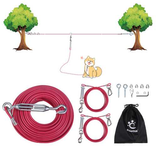 PAWCHIE Heavy Duty Dog Tie Out Trolley System, Dog Run Cable Lead 100ft with 20ft Pulley Runner Line for Small Medium and Large Dogs Up to 250lbs Running Outside Yard, Backyard, Camping, Pink
