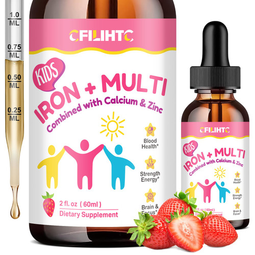Liquid Iron Supplement for Kids, Women & Men - with Calcium, Zinc, Kids Multivitamin with Iron Drops - Immune Support, Blood Builder & Energy Support for Iron Deficiency, Anemia, Vegan 2 Fl Oz