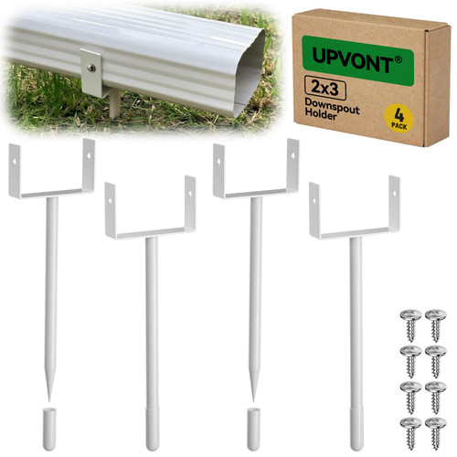 UPVONT 2x3 Downspout Extension Bracket, Gutter Downspout Holder 2x3 Horizontal, Longer Downspout Anchor, Durable White Outdoor Coating Downspout Stake (4 Pack)