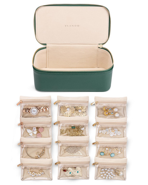 Vlando Jewelry Case with 12 Velvet Jewelry Bags Travel Jewelry Organzier for Travelers Necklace Rings Earrings Jewelry Bags Christmas Birthday Wedding Valentines Day Gifts (Green)