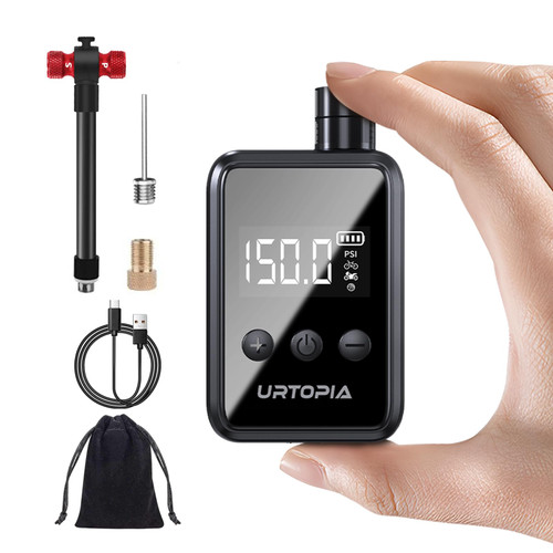 Mini Bike Pump, Rechargeable Bike Tire Pump with Gauge, Fast Inflation, Auto Shutoff, 150PSI Electric Bike Air Pump with Schrader and Road Bike Valve for Bicycle, Motorcycle, Ball