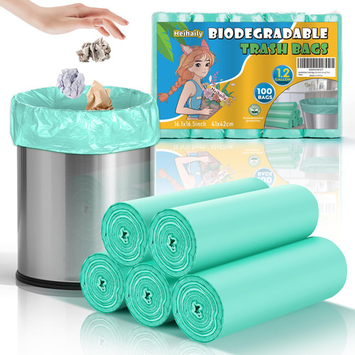 1.2 Gallon Small Biodegradable Trash Bags - Green Mini Garbage Bags (Fit 1-1.3 Gallon) 5 Liter 100 Count Unscented Compostable Tiny Little Waste Basket Kitchen Office Bathroom Liner Heihaily