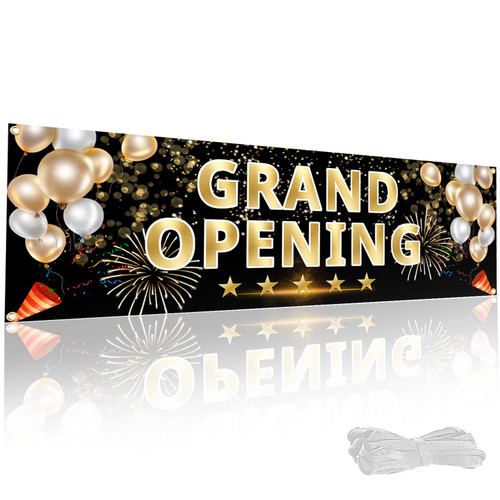 3x10 ft Grand Opening Banner with Ribbon – Elegant Grand Opening Sign for Business, Shop, Restaurant – Durable Polyester Backdrop with Brass Grommets for Indoor/Outdoor Use (Black & Gold)