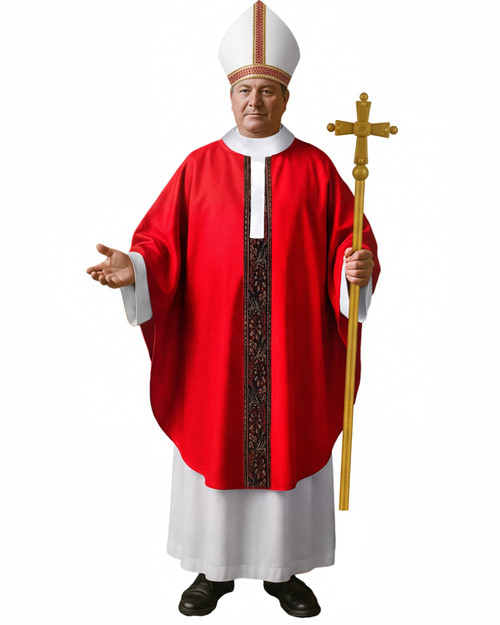 Maiteenly Halloween Plus Size Pope Costume Set for Men, Red and White Bishop Robe with Hat and Cross Staff, Biblical Catholic Cardinal Bishop Outfit for Halloween, Church Theme Cosplay
