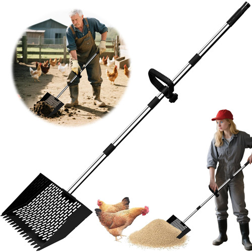 pdpdoc 2-in-1 Chicken Poop Scooper & Rake, 12" Wide 63" Long Large Metal Chicken Coop Scooper for Sand with Ergonomic Grip, Heavy Duty Sifting Shovel Rake for Beach, Farm, Garden & Yard Waste (Black)