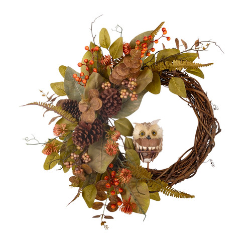 LushNook Fall Owl Wreath for Front Door 24 Inch, Autumn Natural Pine Cones Faux Eucalyptus Magnolia Leaf Berry Wreath, Fall Decor for Home Farmhouse Door Wall Window Porch Indoor/Outdoor