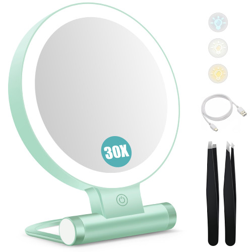 B Beauty Planet Magnifying Mirror with Light 30X, Double-Sided 1X/30X Magnifying Makeup Mirror with Tweezer, 2000mAh 3 Colour Modes with Adjustable Brightness,Foldable Travel Mirror(Mint Green)