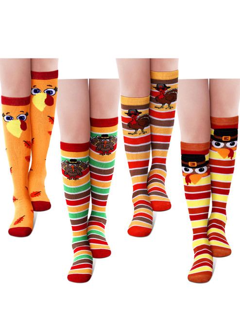Breathffy 4 Pairs Thanksgiving Turkey Trot Running Socks Autumn Fall Knee High Running Long Striped Socks Turkey Race Gear Novelty Fall Animals for Women Men Autumn Gifts Holiday Costume