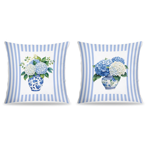 FITIE Blue Chinoiserie Hydrangea Floral Pillow Covers 18x18, Chinoiserie Decor, Blue Striped Hydrangea Flower Grandmillennial Decorative Throw Pillow Covers for Home Bedroom Living Room, Set of 2