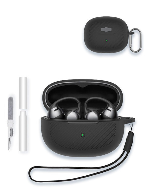 Case for SHOKZ OpenDots ONE - Open-Ear Headphones, WUNIAK Textured Anti-Slip Design Soft Silicone Protective Portable Scratch Shock Resistant Shell with Cleaner Kit & Carabiner & Lanyard ，Black