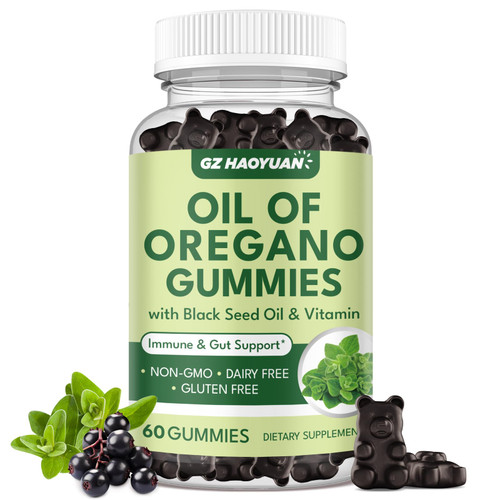 GZ HAOYUAN Oil of Oregano Gummies with Black Seed Oil + Vitamin D3, Oregano Oil Organic High Carvacrol, Immune & Digestive Support, Antioxidant Support, 60 Gummies
