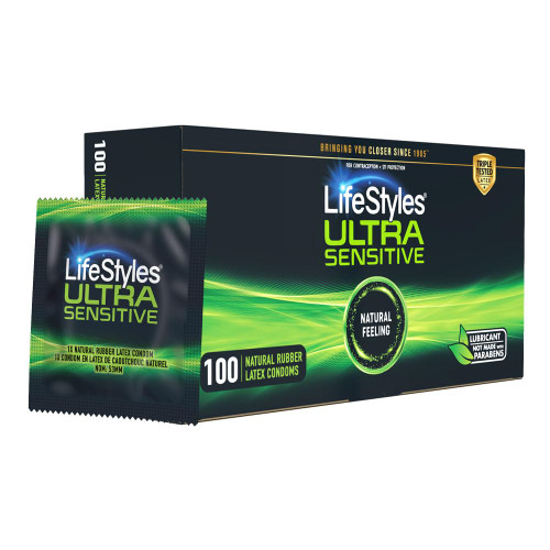LifeStyles Ultra Sensitive Premium Lubricated Natural Latex Condoms Value Pack - 100 Count, 1 Pack - Triple Tested for Best Protection, Made with UltraGlide Silicone Lube