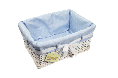 WoodLuv E01-307M Medium Rectangular Willow Wicker Gift Hamper Storage Basket with Blue Dot Lining and Ribbon, White
