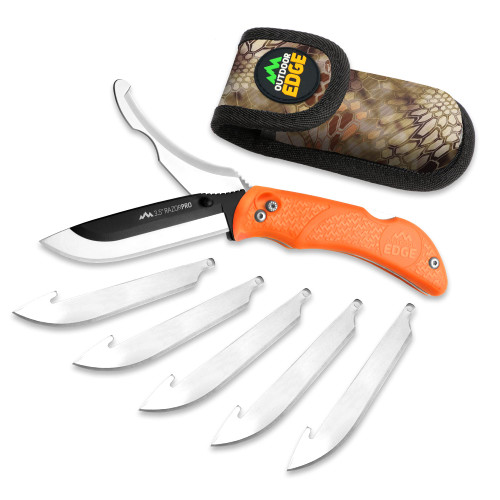 OUTDOOR EDGE RazorPro G Double Blade Hunting Knife – Replaceable Razor Sharp Skinning Blade & Gutting Knife for Fast Field Dressing, Non-Slip Black Handle, Black Sheath with 6 Extra Blades (Orange)