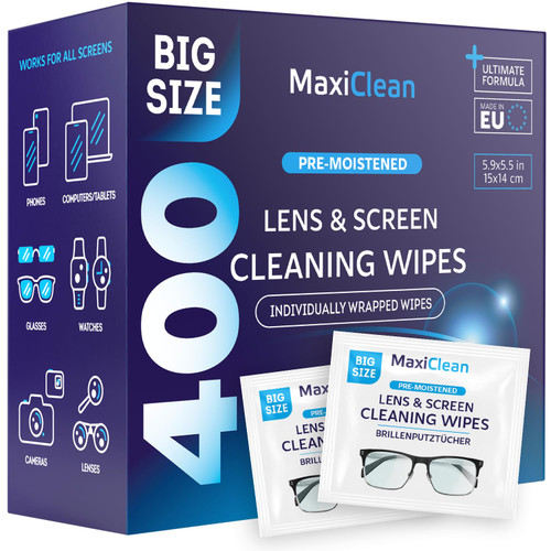 Glasses Wipes Lens Cleaner - Lens Wipes for Eyeglasses - 400 Pre-moistened Individually Wrapped Wipes for Eye Glasses, Electronics, Phone, Computer, Laptop Screen - Camera Lens Cleaner - Made in EU Glasses Wipes Lens Cleaner - Lens Wipes for Eyeglasses - 400 Pre-moistened Individually Wrapped Wipes for Eye Glasses, Electronics, Phone, Computer, Laptop Screen - Camera Lens Cleaner - Made in EU