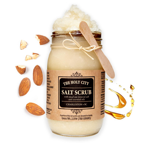HOLY CITY SKIN PRODUCTS Exfoliating Body Scrub - Pure Dead Sea Salt Scrub for Hands and Body, 16 fl oz Hydrating Moisturizing Skin Care for Body Acne, Wrinkles (Honey Almond)